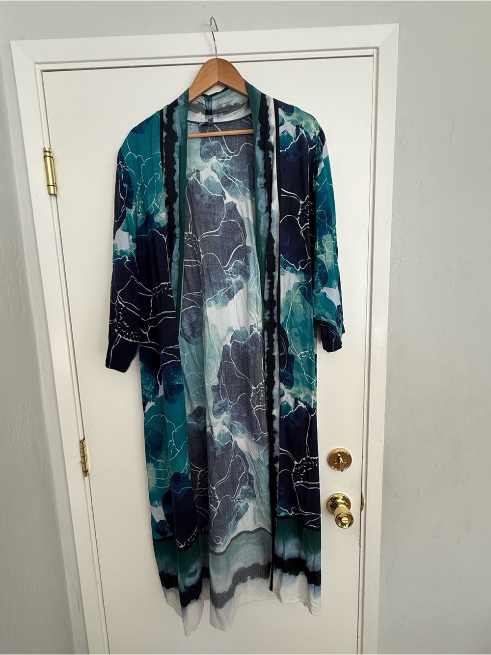 Anthropologie BL_NK London Teal Floral Peony Long Kimono Duster OS